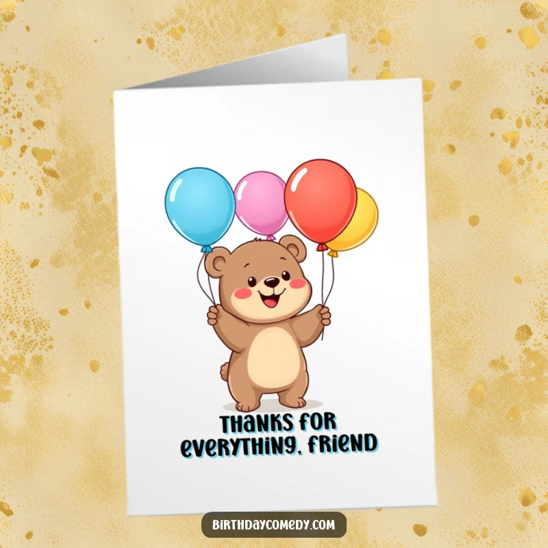 Funny Free Printable Thank You Card: A happy bear cub juggling balloons, playfully expressing heartfelt thanks.