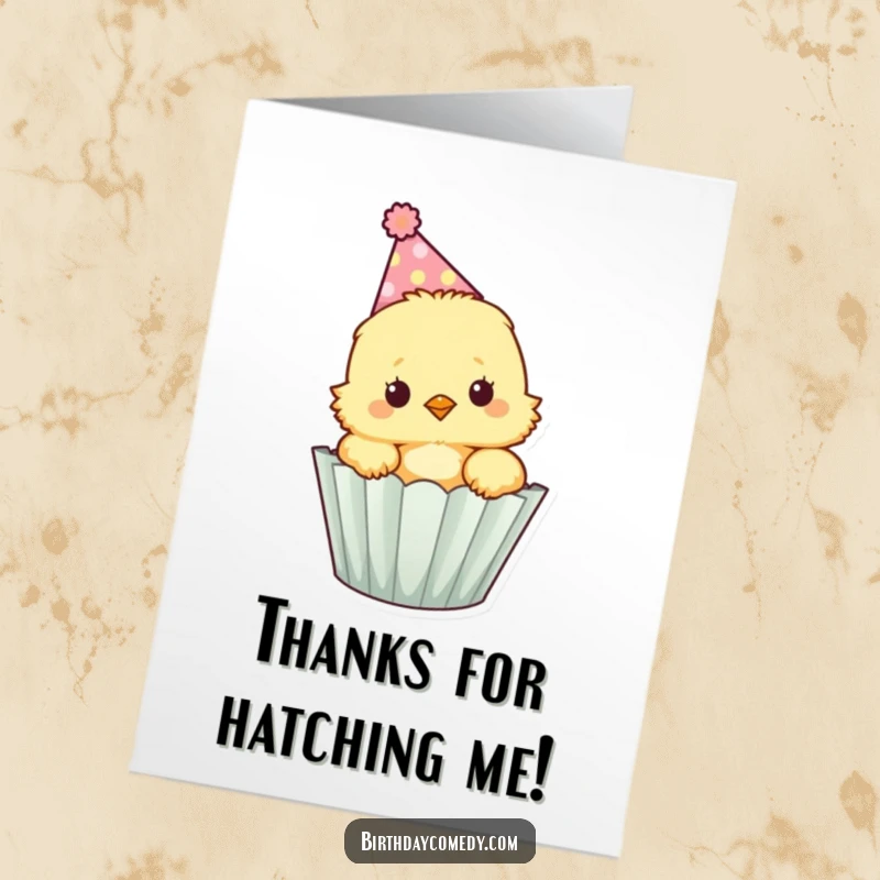 Funny Free Printable Thank You Card: Fluffy chick with a party hat peeking from a cupcake wrapper, offering a sweet thank you.