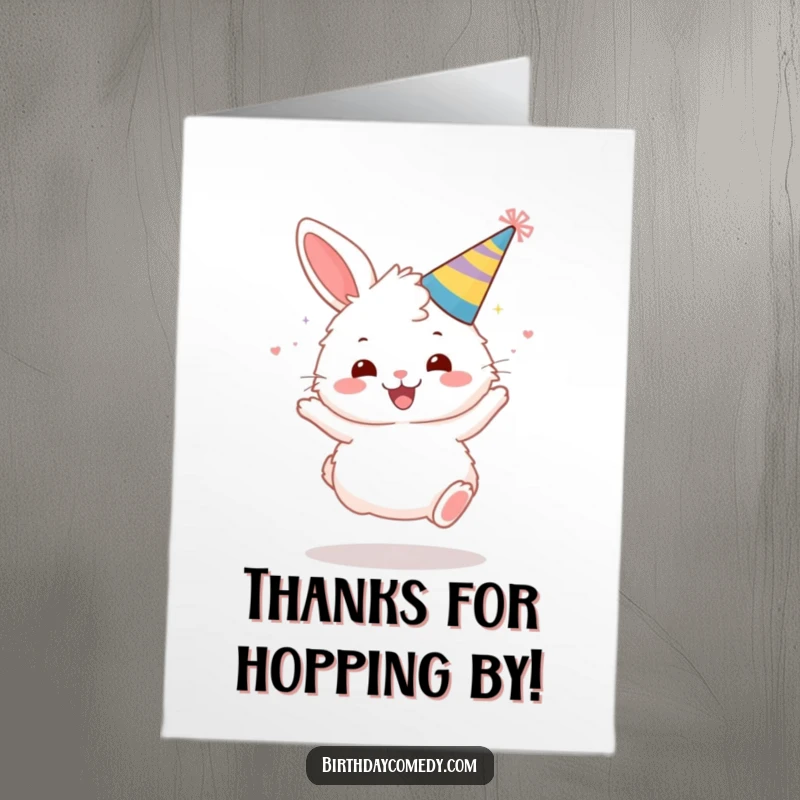 Funny free printable thank you card featuring a fluffy bunny in a party hat bouncing gleefully. Expressing thanks with pure joy.