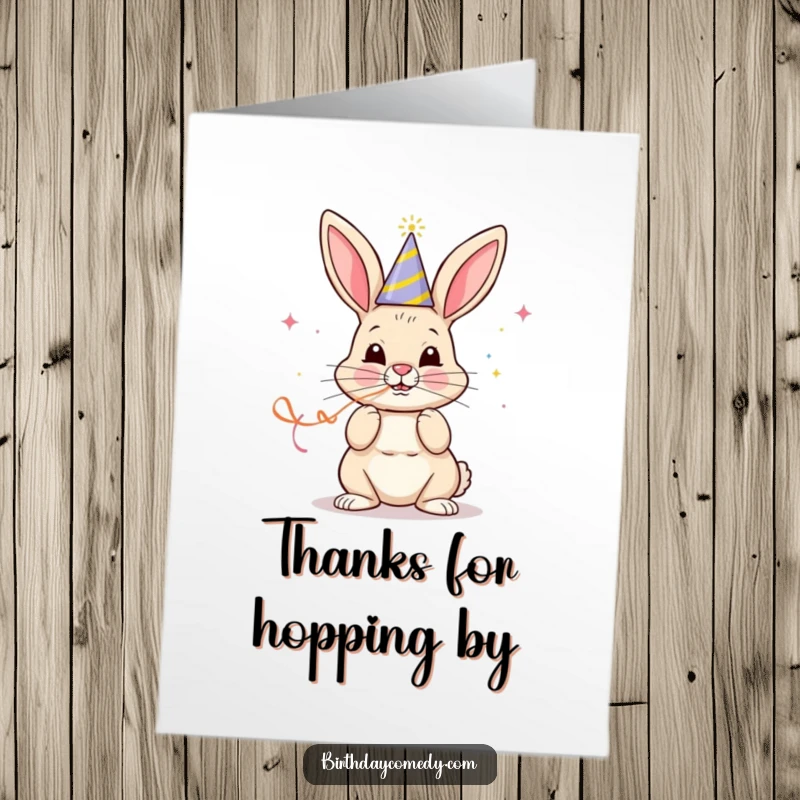 Funny Free Printable Thank You Card: A cheerful bunny in a party hat blowing a streamer with focus, offering thanks with a festive air.