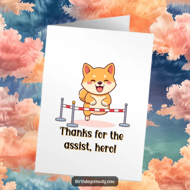 Funny Free Printable Thank You Card: A determined Shiba Inu navigating a virtual obstacle course with glee, sending thanks.