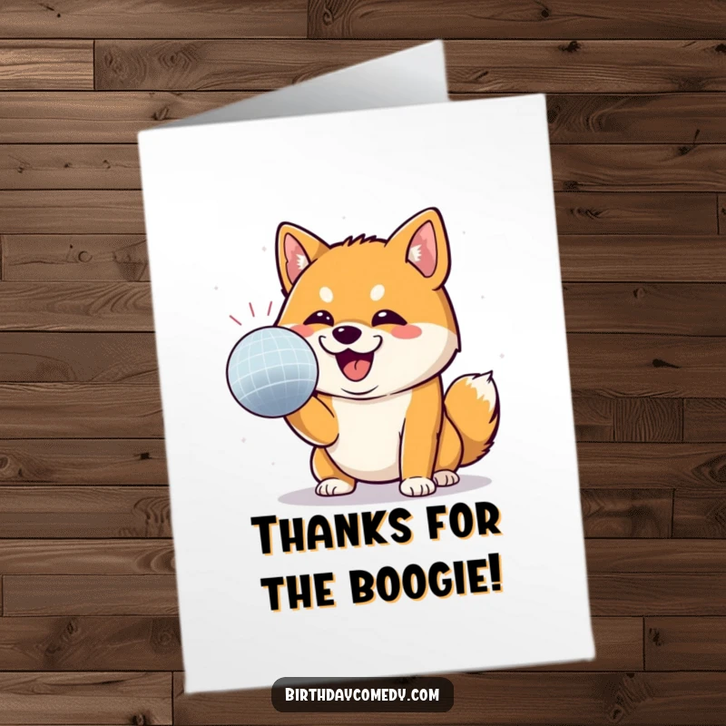 Funny Free Printable Thank You Card: A happy Shiba Inu having a blast batting at a shiny disco ball.