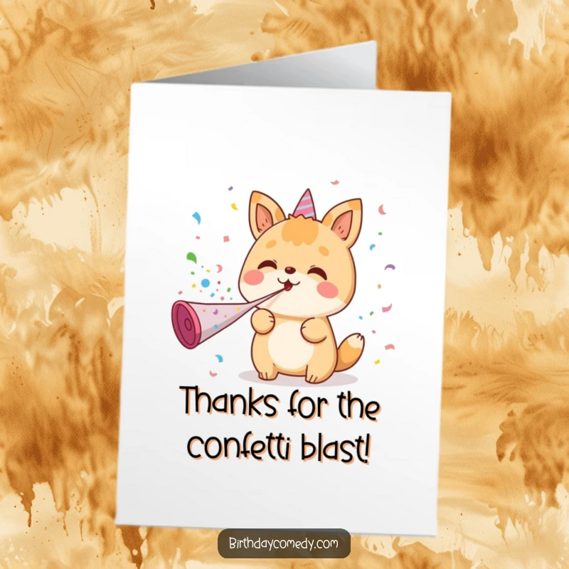 Funny Free Printable Thank You Card: Kawaii animal blowing confetti, a celebratory way to say thanks, a downloadable gift.
