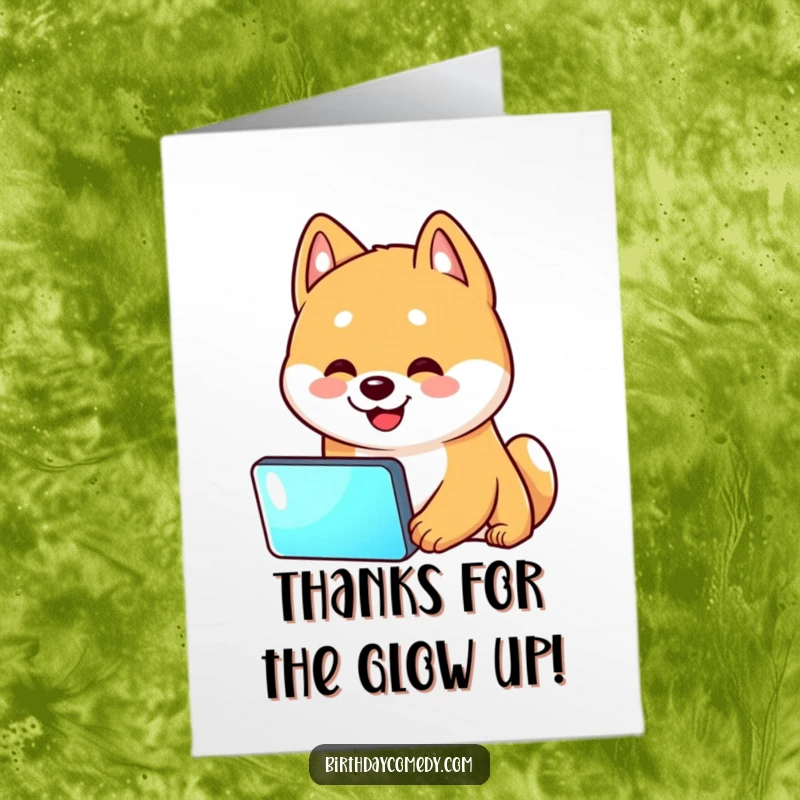 Funny Free Printable Thank You Card featuring a Shiba Inu glued to a glowing screen, expressing thanks with humor.