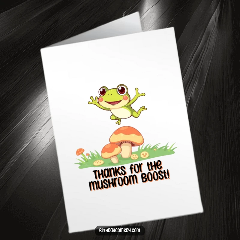 Funny Free Printable Thank You Card: Curiously eyed frog leaping between mushrooms, sending heartfelt thanks.