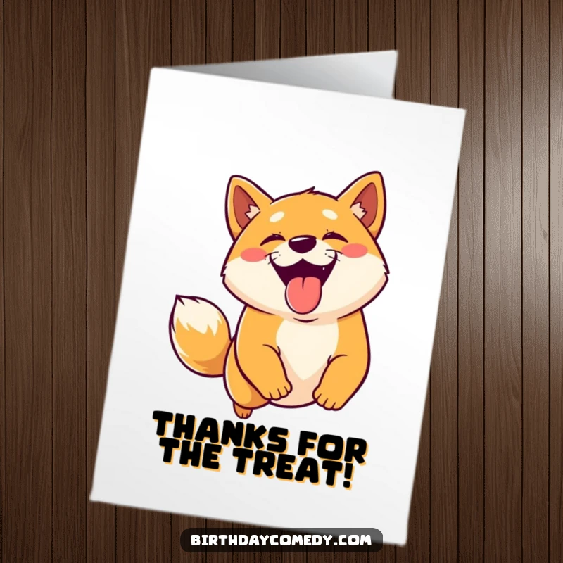 Funny Free Printable Thank You Card: A Shiba Inu with its tongue out, leaping with joy to catch a treat.