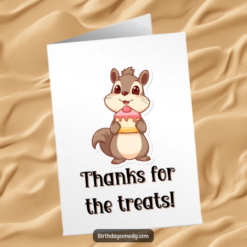 Funny Free Printable Thank You Card: Playful squirrel with cake slice, a cute and humorous downloadable thank you.