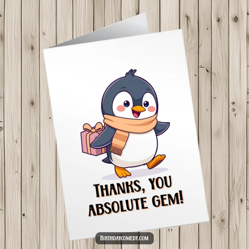 Funny free printable thank you card of a cheerful penguin in a scarf waddling with a present.