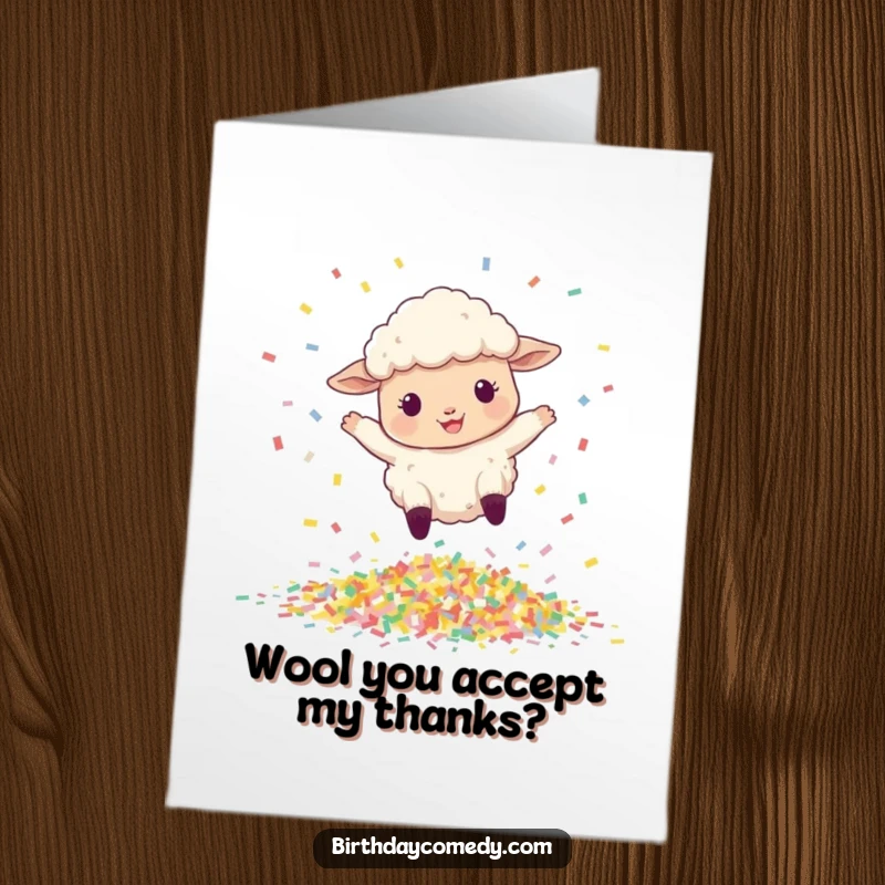 Funny Free Printable Thank You Card: A cheerful sheep is caught mid-leap, soaring over a vibrant scattering of celebratory confetti.