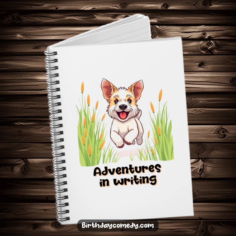 Funny terrier notebook cover featuring a happy dog running through grass, ears flapping, ideal for jotting down joyful ideas.