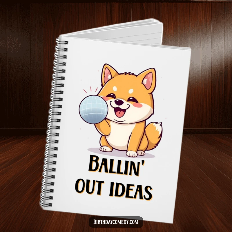 Funny Shiba Inu notebook featuring a Shiba Inu batting enthusiastically at a disco ball, perfect for note-taking fun.