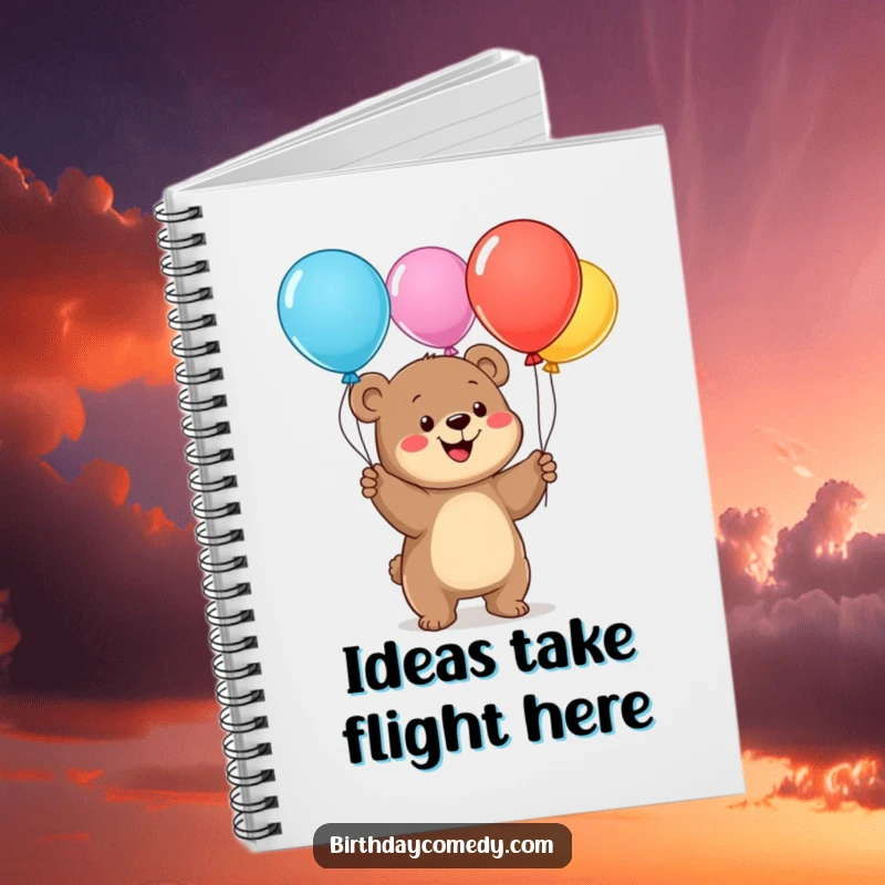 Funny bear cub notebook, a smiling cub juggling colorful balloons, perfect for notes, drawings, and sparking creative joy.