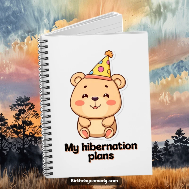 Funny bear notebook with a smiling bear wearing an oversized party hat, ideal for humorous note-taking.