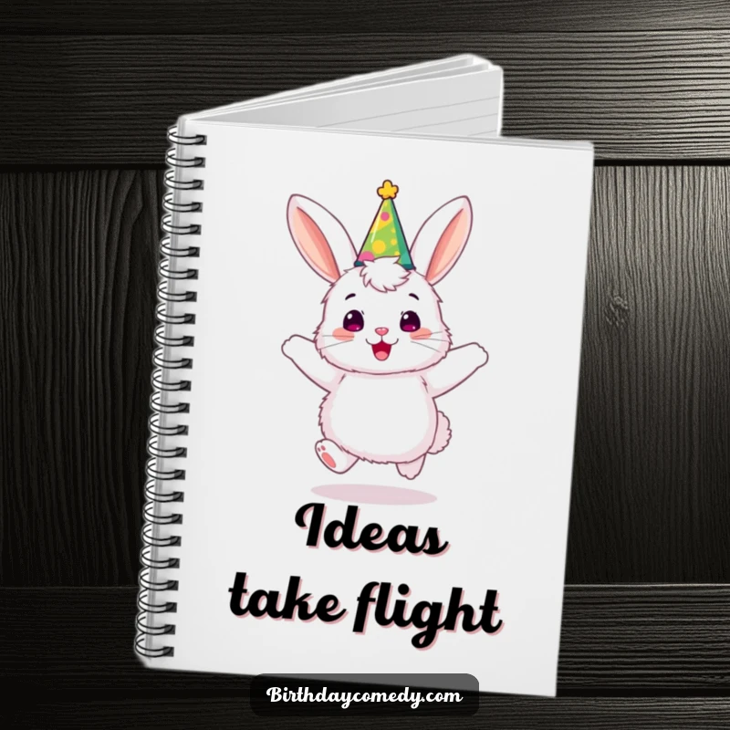 Funny bunny notebook, a fluffy character in a party hat, joyfully bouncing, perfect for notes and creative ideas.