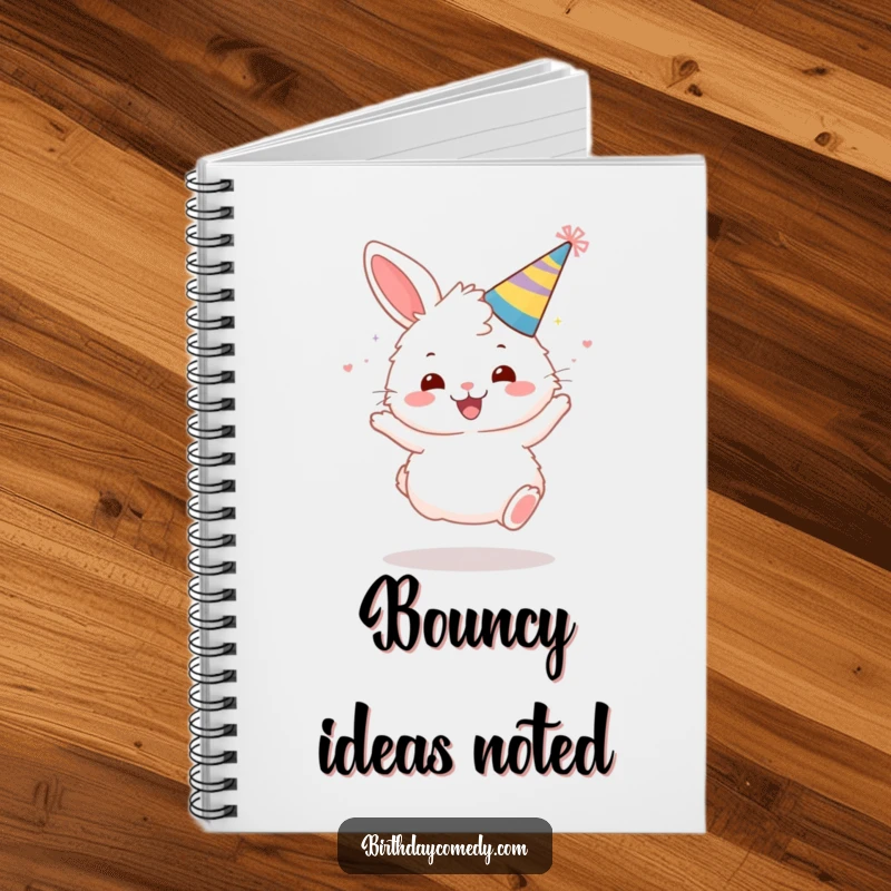 Funny notebook cover featuring a fluffy bunny in a party hat, gleefully bouncing.