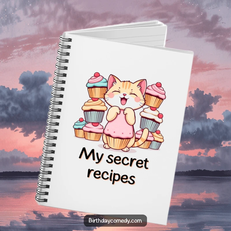 Funny cat notebook, giggling, balancing cupcakes, for notes and ideas, excellent funny gift.