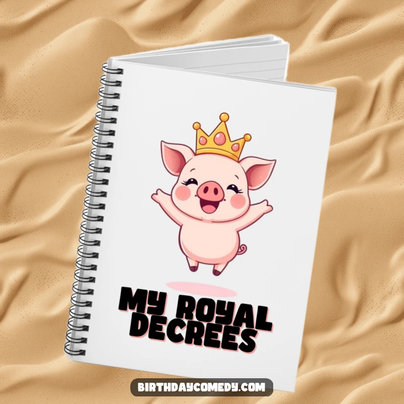 Funny notebook with a happy piglet wearing a sparkly crown, joyfully jumping mid-air, ready for positive notes.