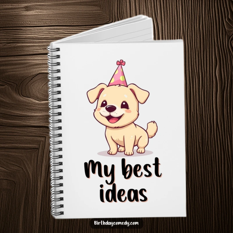 Funny dog notebook, silly party hat, wagging tail, for notes and ideas, excellent funny gift.