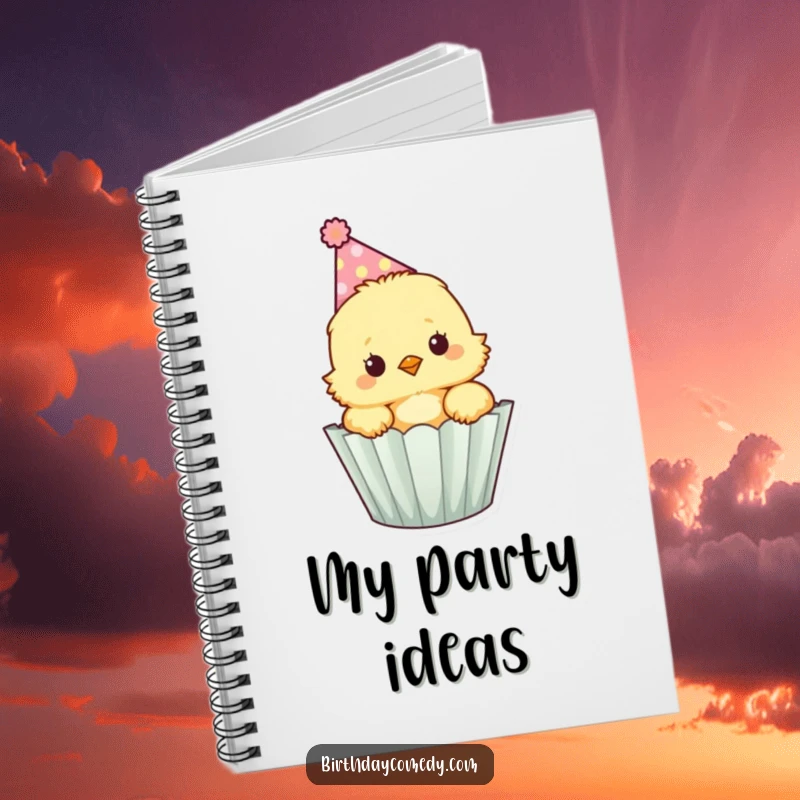 Funny fluffy chick wearing a party hat peeks out of a cupcake wrapper, a fun notebook for jotting ideas.