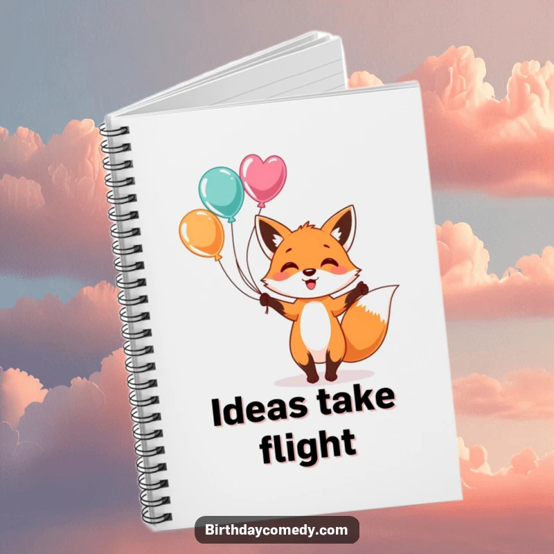 Funny Notebook with a cheerful fox juggling balloons on the cover, perfect for capturing ideas with a touch of playful energy and humor.