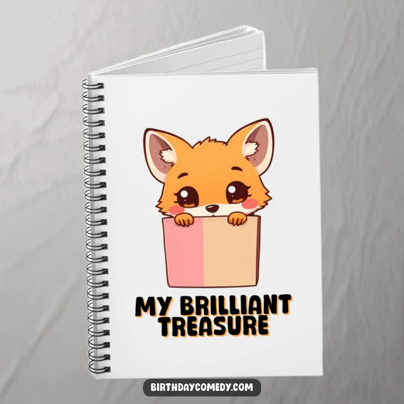Funny Notebook: A small fox with wide, curious eyes peeks from an overflowing gift box, ready for notes.