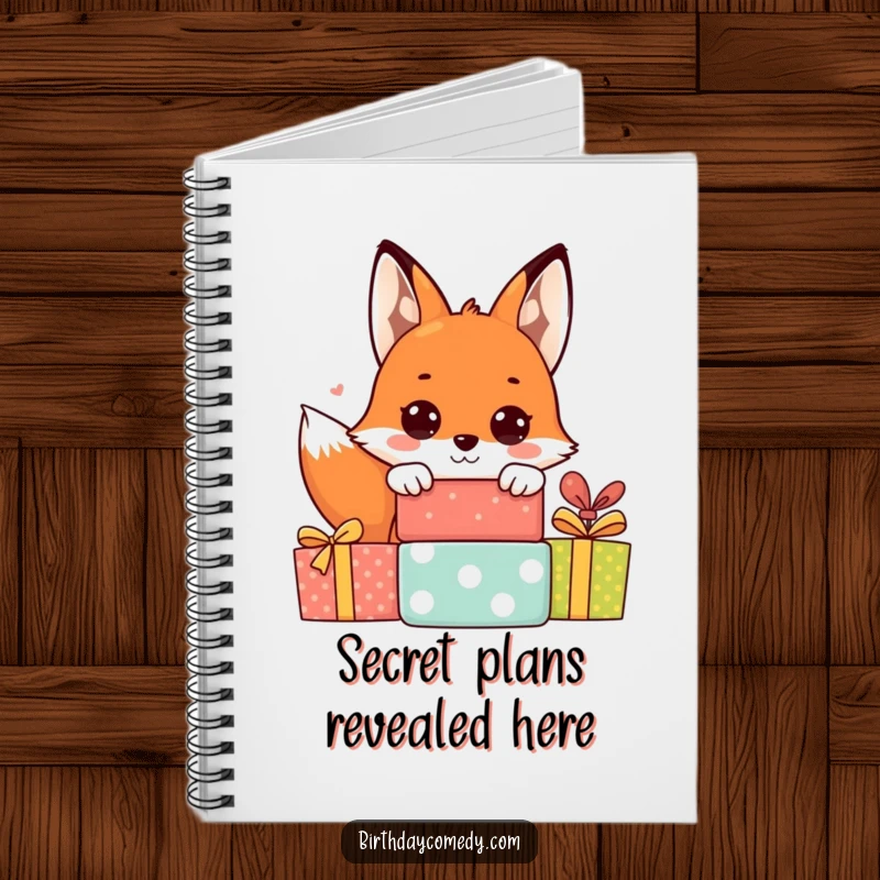 Funny fox notebook cover featuring a cheerful fox with big eyes peeking from behind stacked presents, great for journaling.