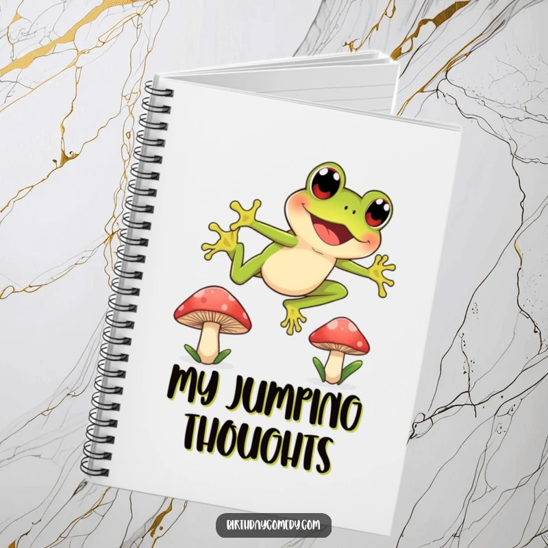 Funny notebook cover with a joyful frog character with wide, curious eyes leaping between mushroom caps, perfect for jotting down ideas.