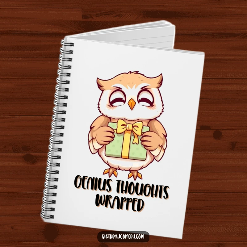 Funny owl notebook, a giggling character holding a gift, ideal for journaling and note-taking with wisdom.