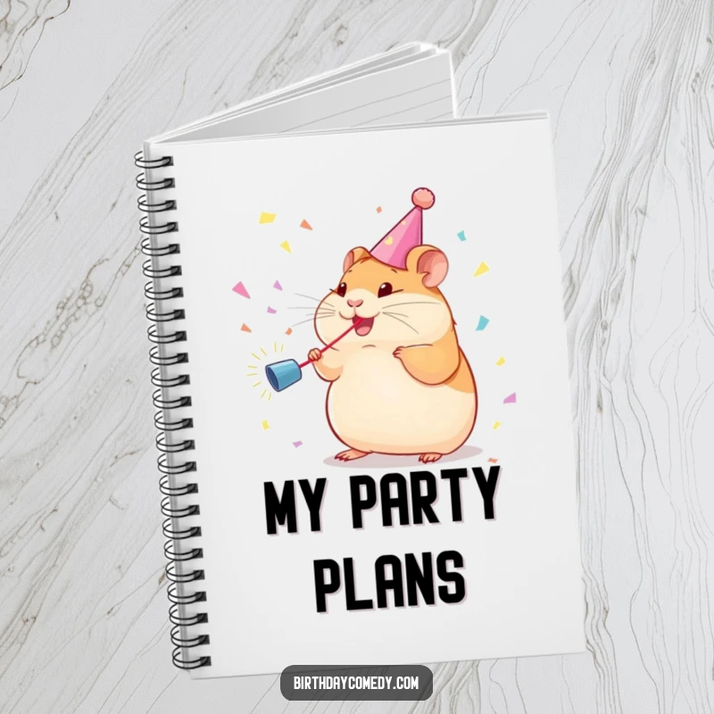 Funny Notebook: Plump hamster with streamer chases confetti, perfect for jotting down party ideas.