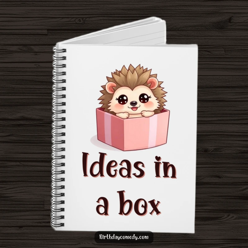 Funny hedgehog notebook, a happy character rolling inside a gift box with wide eyes, ideal for notes.