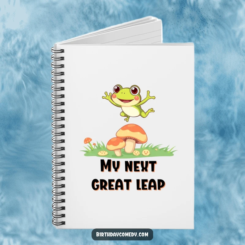 Funny Notebook with a curious frog leaping between mushroom caps, ideal for creative writing.