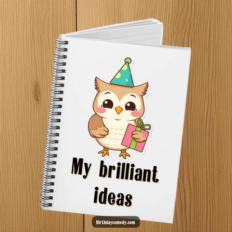 Funny owl notebook, birthday cover, holding a gift, for writing and planning, excellent funny gift.