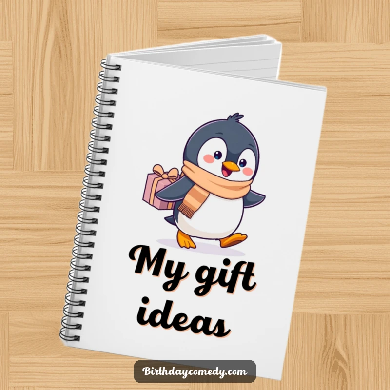 Funny penguin notebook cover, wearing a scarf, waddling with a gift, ready for all your bright ideas.