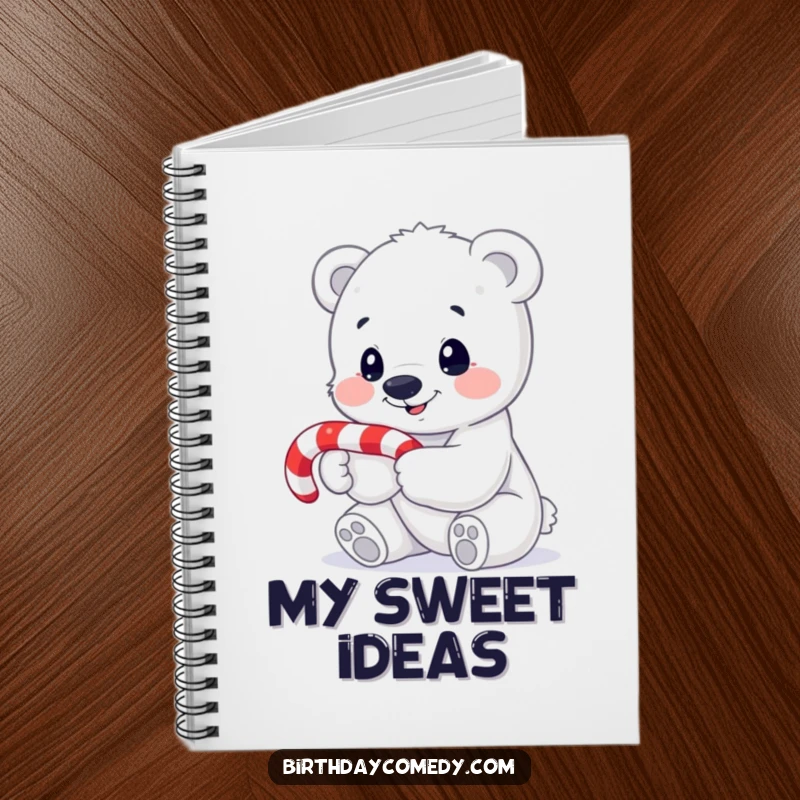 Funny polar bear cub notebook cover, holding a candy cane with an intrigued expression, ready for all your thoughts.