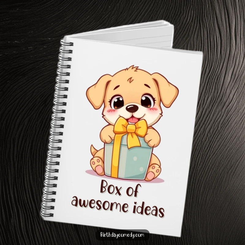 Funny Notebook with a cover showing an excited puppy with wide eyes, happily unwrapping a colorful gift, perfect for note-taking.
