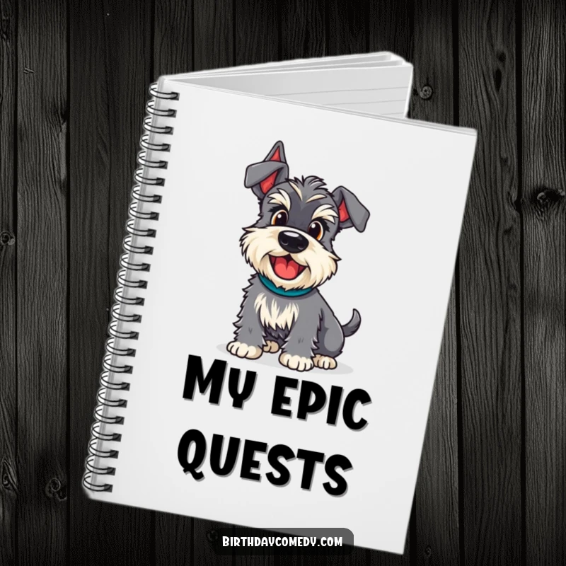 Funny schnauzer notebook depicting a dog with an excited wiggle, ready for adventure, great for planning with humor.