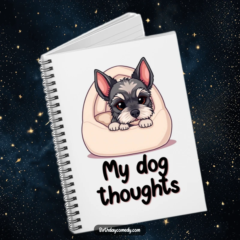 Funny notebook cover with a schnauzer puppy peeking from a cozy bed, perfect for jotting down adorable thoughts and plans.