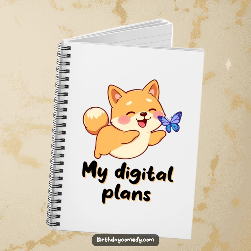 Funny notebook cover showing a happy Shiba Inu with a perky tail, chasing a digital butterfly, ideal for creative brainstorming.