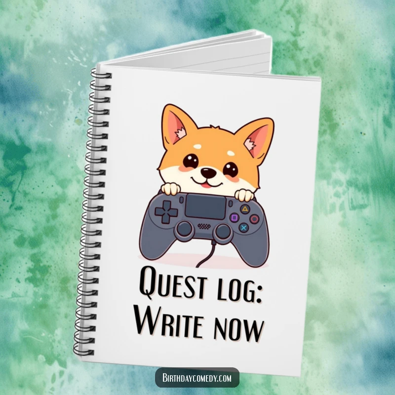 Funny Shiba Inu notebook with a curious Shiba Inu peeking over a large game controller, ideal for gamer notes.