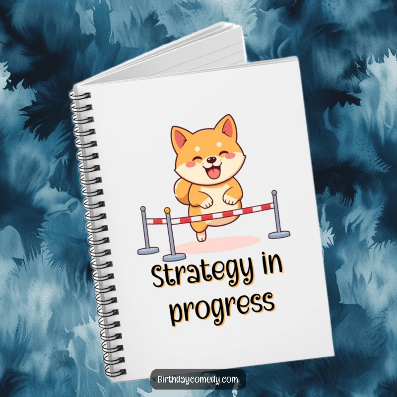 Funny Shiba Inu gamer notebook, determined virtual obstacle course, gaming journal, esports strategy book, joyful note-taking.