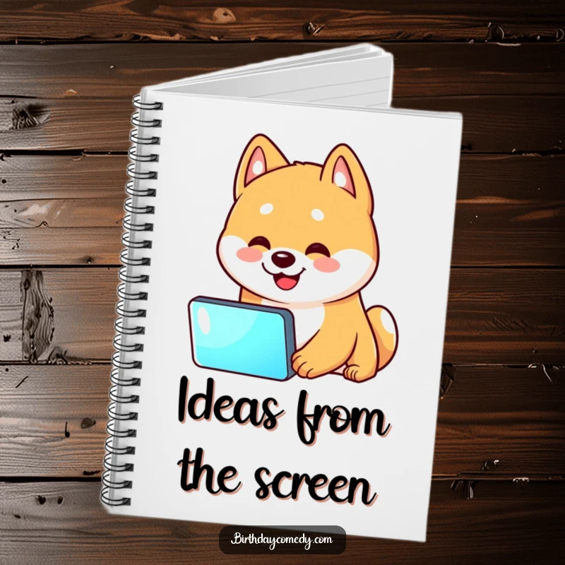 Funny Shiba Inu notebook with a Shiba Inu tilting its head at a screen, perfect for jotting notes with humor.