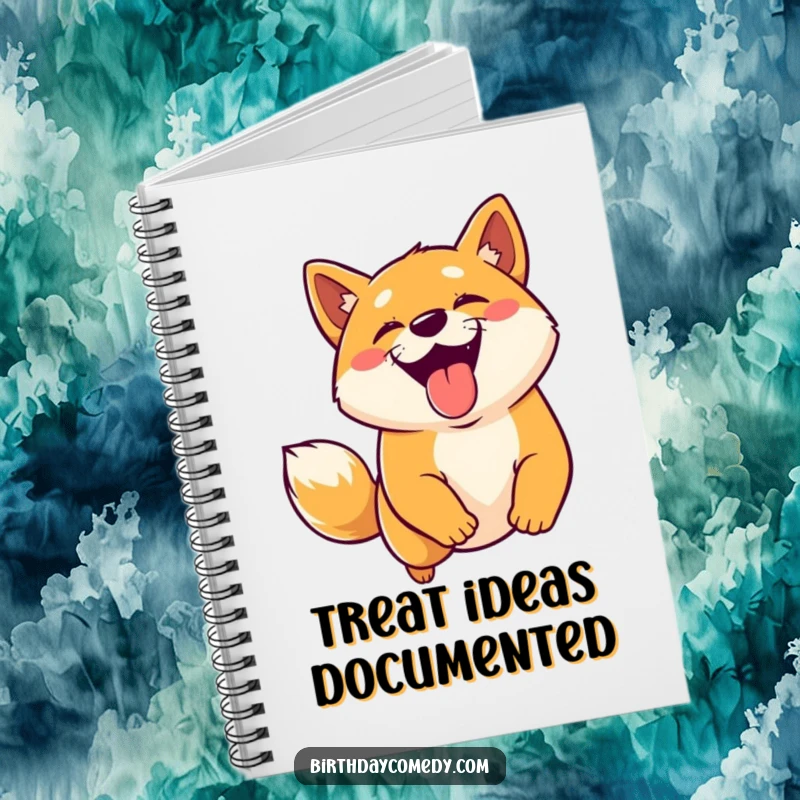 Funny Shiba Inu notebook cover featuring a joyful dog with tongue out, leaping energetically for a virtual treat.
