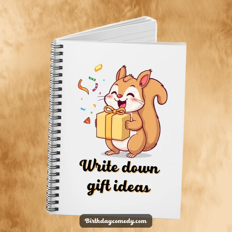 Funny squirrel notebook cover featuring an excited squirrel holding a gift box with flying streamers, great for journaling.