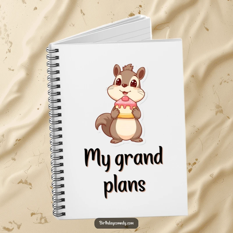 Funny squirrel notebook, holding cake slice, looking up expectantly, for notes and ideas, excellent funny gift.