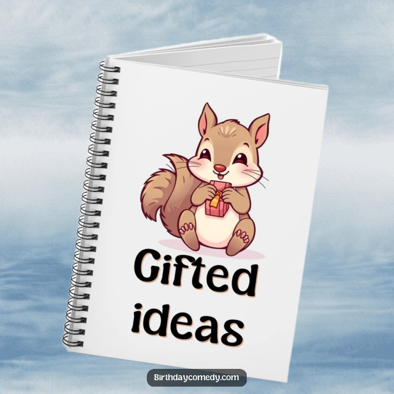 Funny notebook showcasing a playful squirrel unwrapping a present, perfect for jotting down notes with humorous, gift-themed flair.