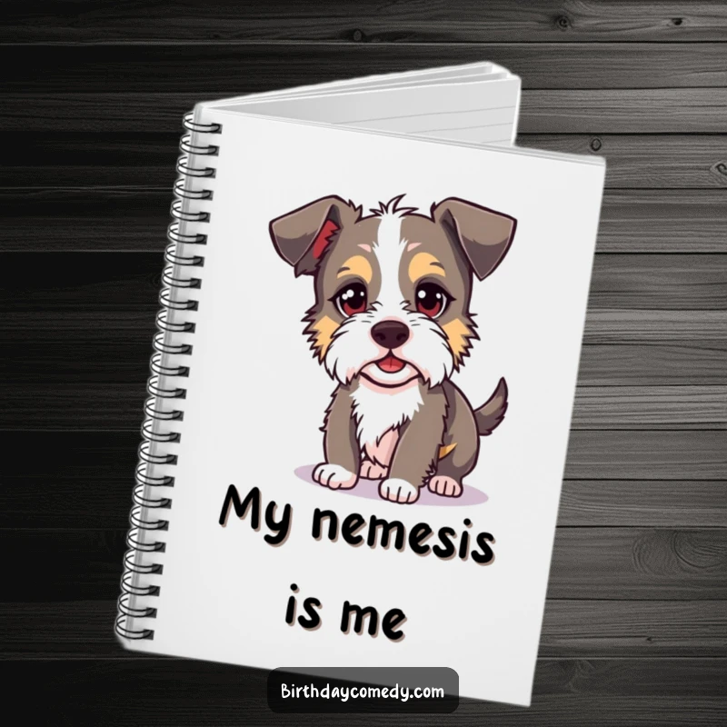 Funny terrier notebook cover showcasing a silly dog with a mischievous glint, hilariously chasing its own shadow across the pages.