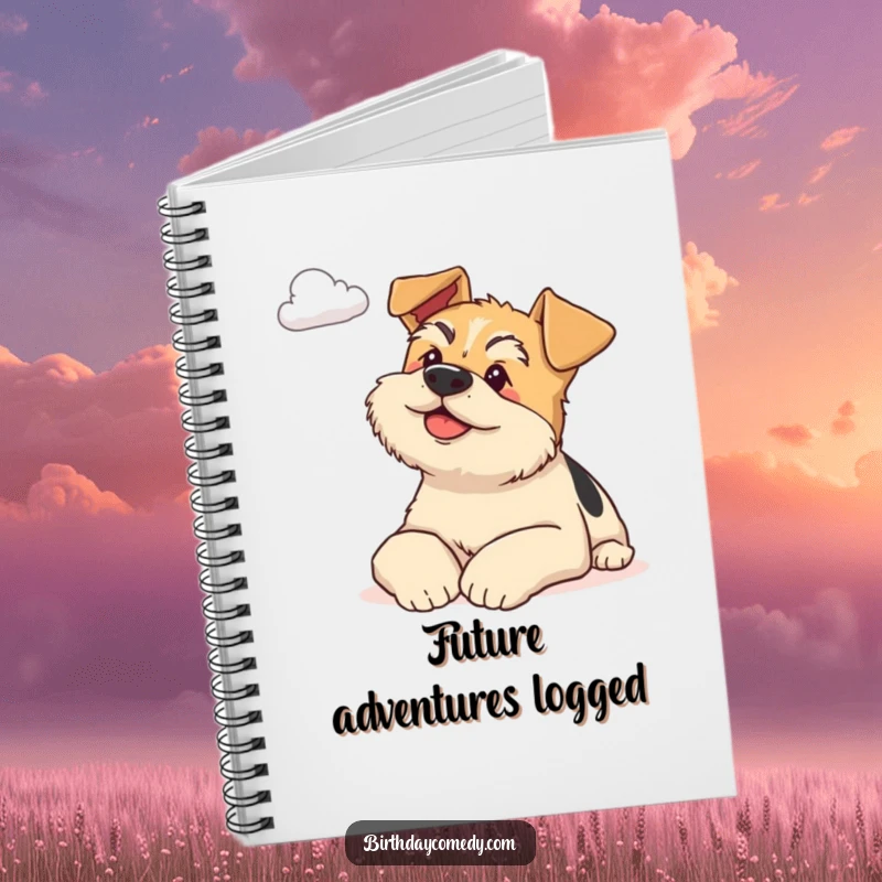 Funny terrier notebook cover featuring a content dog resting on paws, gazing at a distant cloud, ideal for peaceful note-taking.