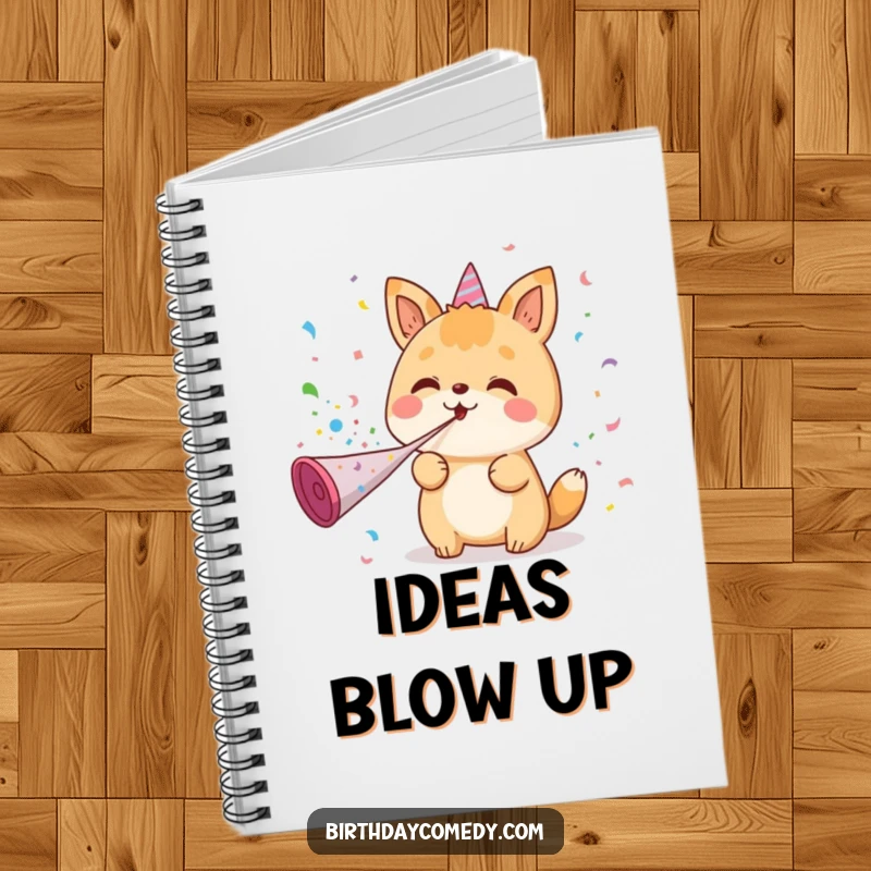 Funny notebook cover showing a kawaii character blowing confetti from a party horn, symbolizing festive thoughts and cheerful creativity.