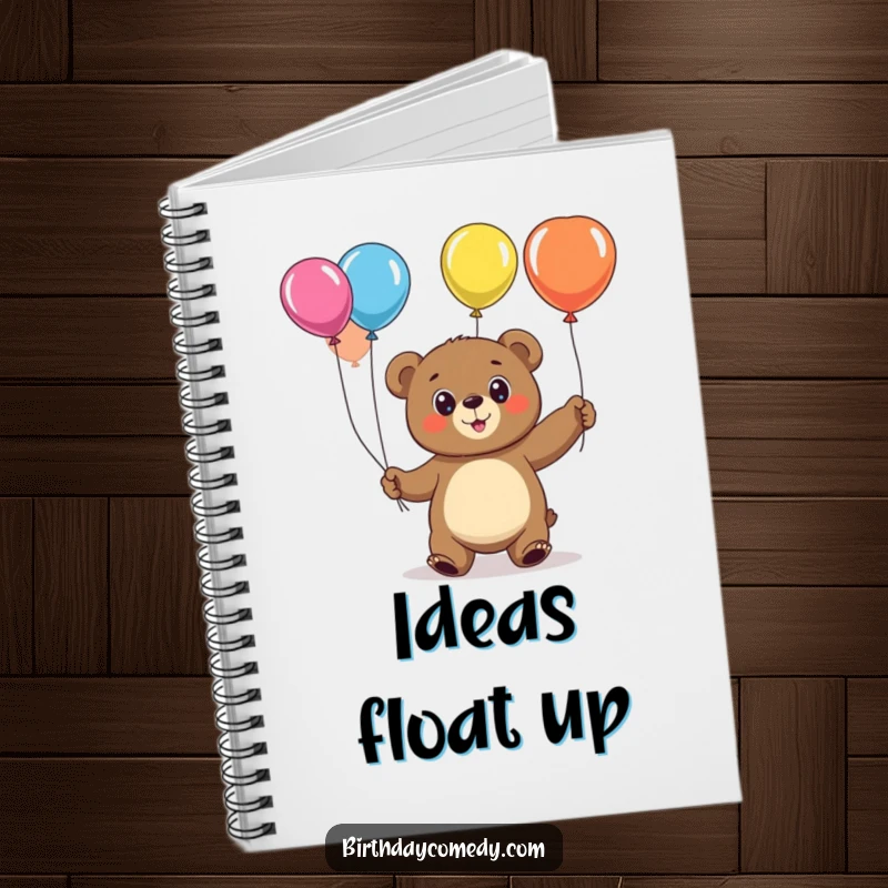 Funny bear notebook, a cheerful character with big eyes, juggling balloons, ideal for notes and daily thoughts.