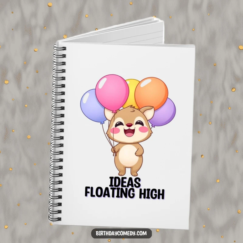 Funny notebook with a happy animal smiling widely and holding a bunch of colorful balloons, for writing.